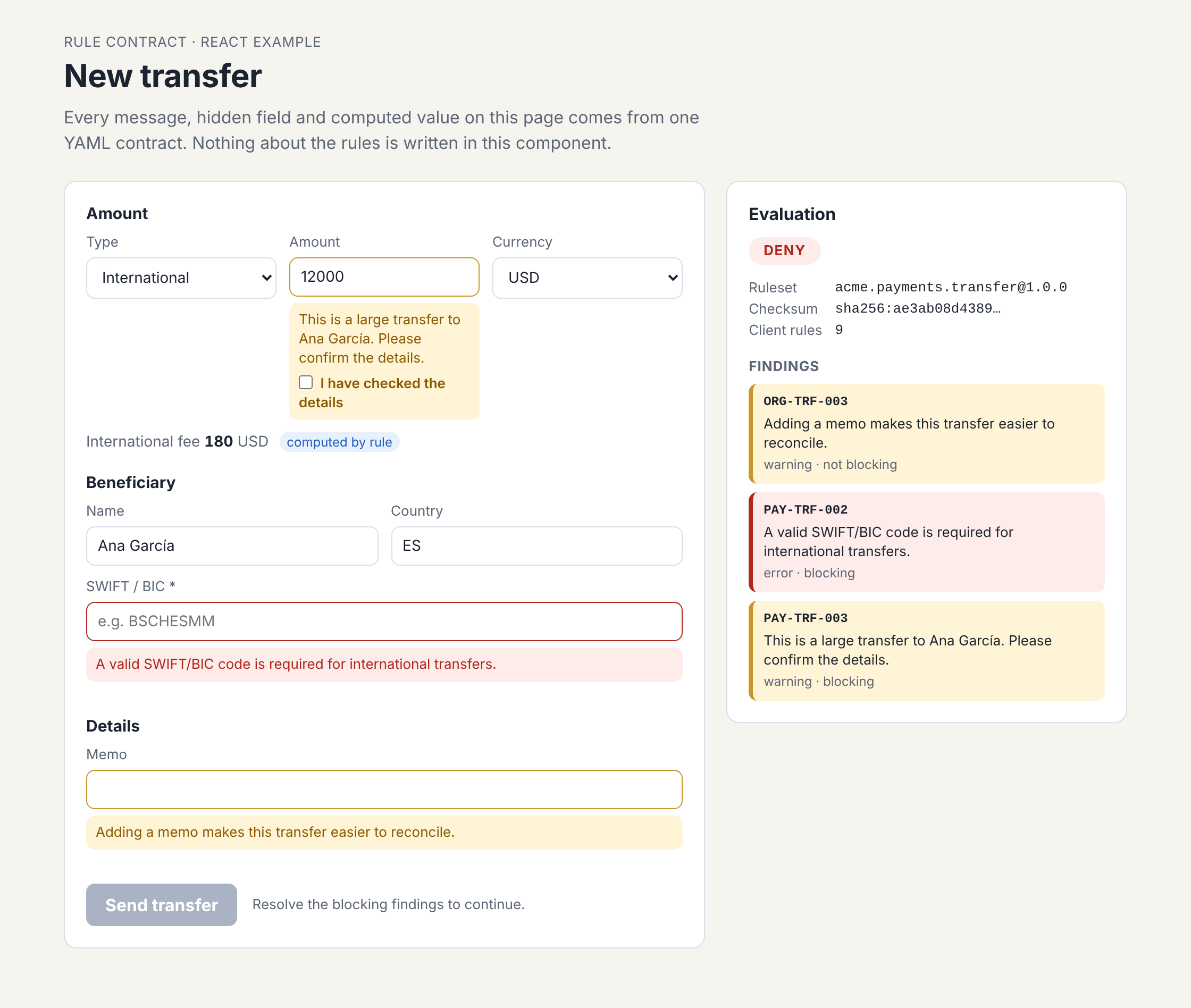 The React example: a transfer form where the SWIFT field, the fee, the warnings and the blocked submit button all come from the contract